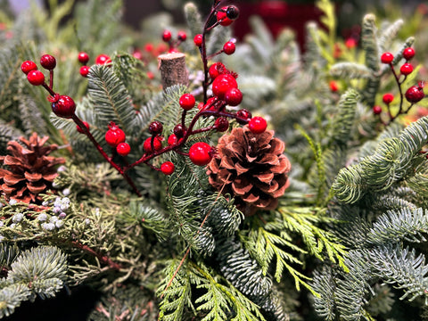 fresh greens, pine cones and red berries for Christmas