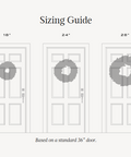 Sizing guide for wreaths on a door with measurements in inches.